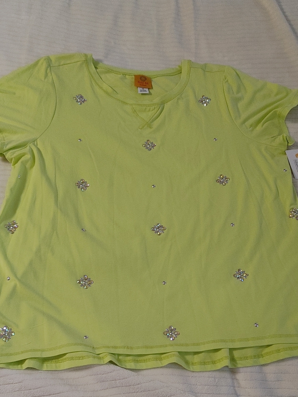 Ruby Rd. Lime Short Sleeve Tee with Rhinestone Flower Accents